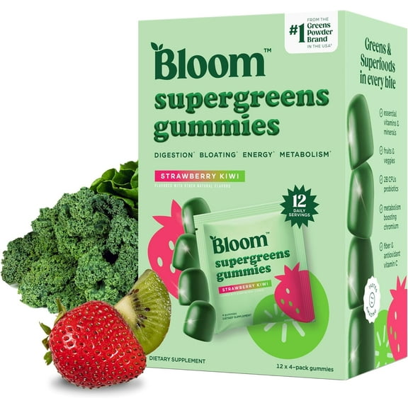 Bloom Nutrition Super Greens Gummies, Strawberry Kiwi, 12 - 4 Pack Pouches