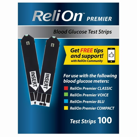 ReliOn Premier Blood Glucose Test Strips, 100 Count – Diabetes Blood Sugar Test Strips, No Coding, for ReliOn Premier Meters