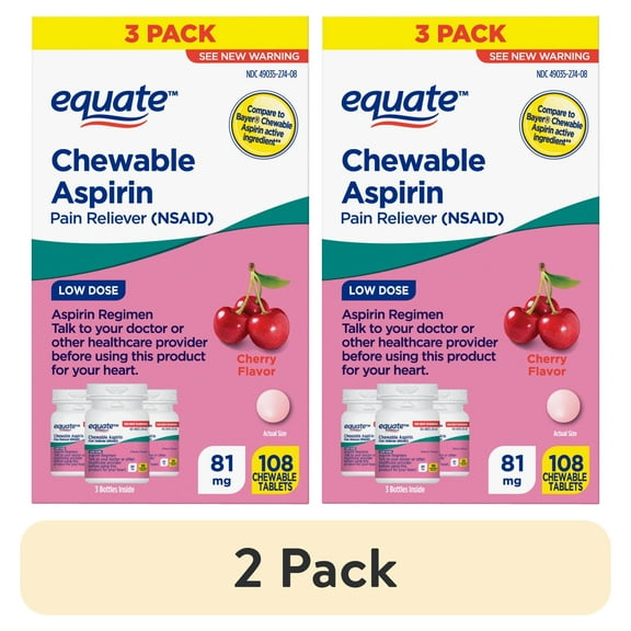 (2 pack) Equate Low Dose Aspirin Chewable Tablets, 81 mg , Cherry Flavor, 108 Count (3x36 Count), Compare to Bayer® Chewable Aspirin Active Ingredient