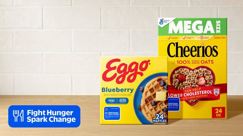 Fight Hunger Spark Change logo. Eggo blueberry waffles and Cheerios cereal.