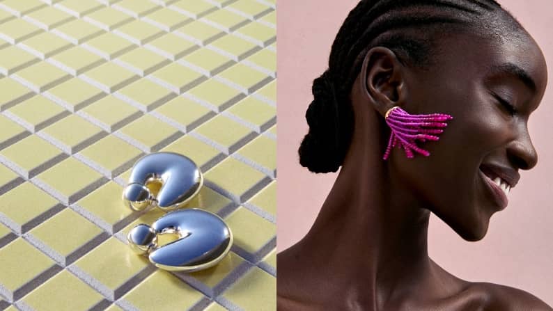 Split image shows silver sculptural earrings on a tiled surface and a model wearing bright pink beaded statement earrings against a pink background.