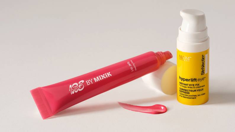 A pink 123 by Mixik lip treatment is next to a StriVectin hyperlift eye cream.