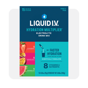 Image shows a Liquid I.V. Hydration Multiplier powdered electrolyte drink mix in a variety pack with strawberry, passion fruit and watermelon flavors.
