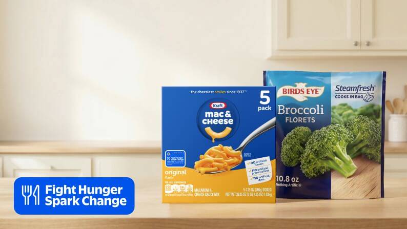 Fight Hunger Spark Change logo. A 5-pack of Kraft mac and cheese and a bag of Birds Eye broccoli on a counter.