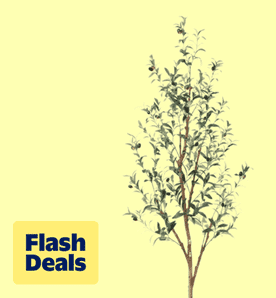 Flash deals. Image shows a tall Dr.Planzen artificial olive tree with lifelike fruits and a natural wood trunk on a light yellow background.