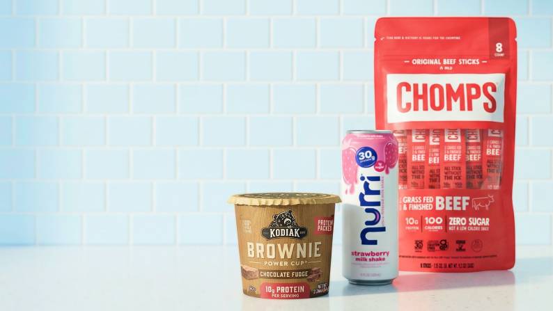 Kodiak 10g protein brownie power cup, Nurri 30g protein strawberry milkshake, Chomps 10g protein original beef sticks.