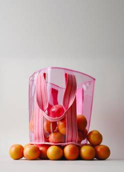 A clear beach tote with pink straps with oranges inside is shown.