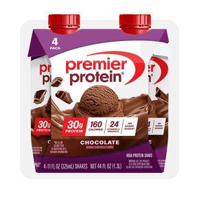Four-pack of Premier Protein Chocolate Shakes: thirty grams of protein, one hundred sixty calories, and no added sugar per serving