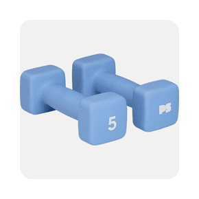 Light blue dumbbells labeled "five" and "PS" on a gray background, featured in the Popsugar thirty-two-pound dumbbell weight rack kit.