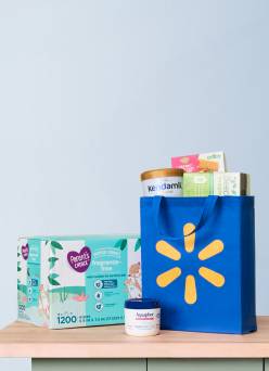 A Walmart reusable bag with personal care items on top of a countertop