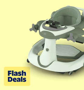 Flash deals. Image shows a green AILEEKISS 5-in-1 foldable baby walker with wheels on a light yellow background.