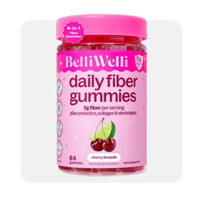 Pink jar of BelliWelli daily fiber gummies in cherry limeade flavor with probiotics, collagen, five grams of fiber per serving and sixty-four gummies.