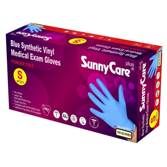 100/Box #7301 SunnyCare Blue Vinyl Synthetic Exam Gloves (Nitrile Latex Powder Free) - Size: Small