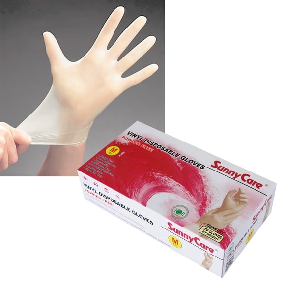 100 SunnyCare #7802 Vinyl Disposable Gloves Powder Free (Latex Nitrile Free) -M
