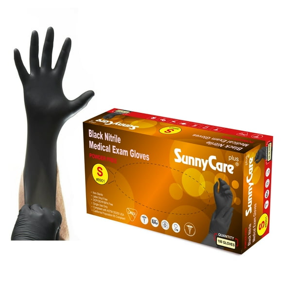 100Pcs SunnyCare 5Mil Black Nitrile Medical Exam Gloves Powder Free (Non Vinyl Latex) Size: Small Item# 8901-box