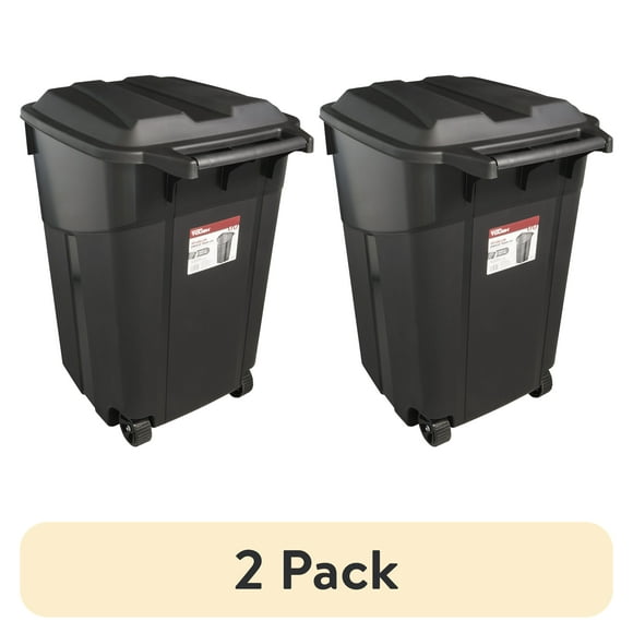 (2 pack) Hyper Tough 45 Gallon Wheeled Heavy Duty Plastic Garbage Can, Attached Lid, Black