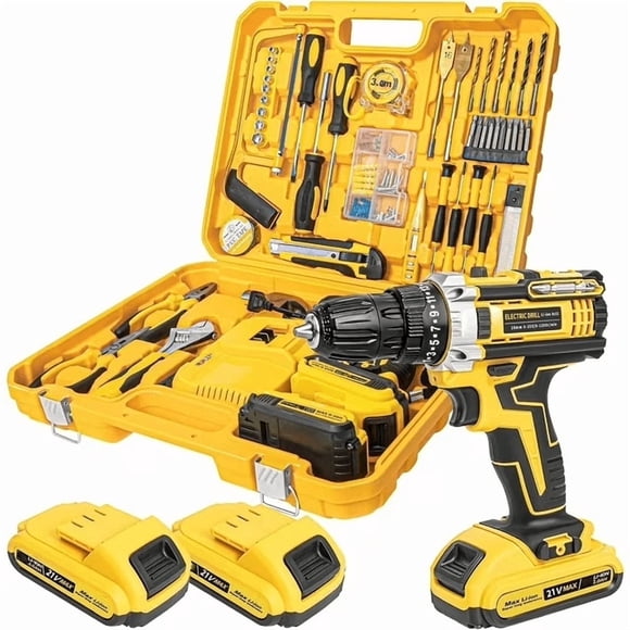 21V Tool Kit with Drill, 120PCS 21V Cordless Drill Set with 3/8" Keyless Chuck of Metal & 25+3 Clutch with Impact, 2 x 2.0Ah Battery & Fast Charger, Max Torque 45Nm, 2-Variable Speed