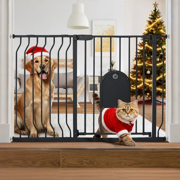 Caveen 29.5-48.4" Wide Pet Safety Gate with Cat Door Pressure Mount, Black