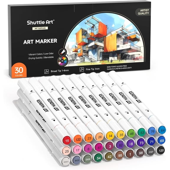 30 Colors Dual Tip Art Markers,Shuttle Art Marker Pens for Adult Coloring Books Sketching and Card Making