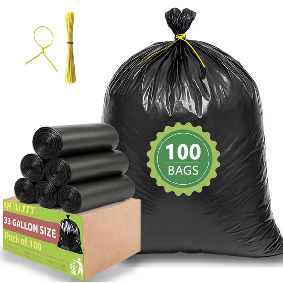 33 Gallon Trash Bags (100 Count), Garbage Bags 30-32 Gallon, High Density Bags with Tying Ropes