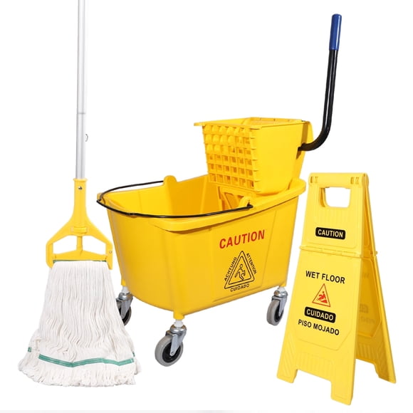 35 Qt. Side-Press Mop Bucket and Wringer Combo on Wheels, Yellow, for Floor Cleaning/Wet Mopping ,including One Commercial Mop and Wet Floor Caution Sign (24inch)