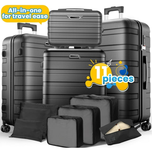 11Pcs Hardshell Luggage Set, Lightweight Suitcases w/ Spinner Wheels, Carry on Luggage, Black