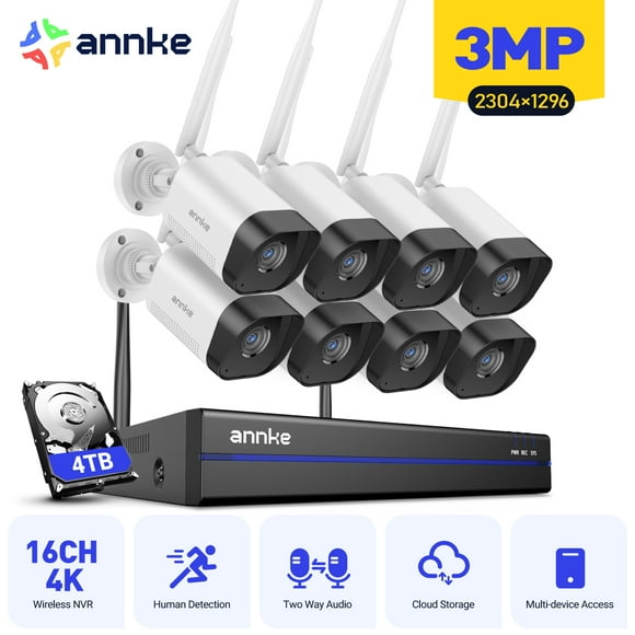 ANNKE Outdoor Bullet Cameras System, Expandable 16CH 4K NVR with 8 Cam 3MP, 4TB HDD, Wireless WiFi Cameras,100ft Night Vision, 2-Way Audio, Dual-Band WiFi, Human Detection, Remote Access, IP66-rated