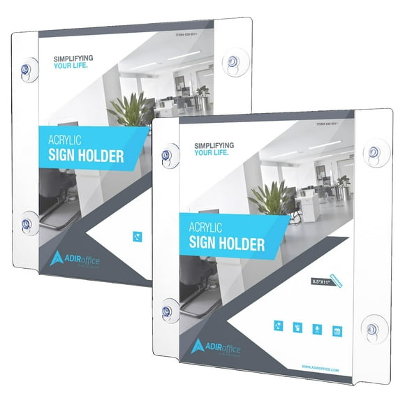 Adir Acrylic Sign Holder  Window Sign Holder with Suction Cups for Advertising and Promotion, Wall-Mount Display Frame, For Mall, Restaurants, Office - 2 pack (8.5x11 Inch)