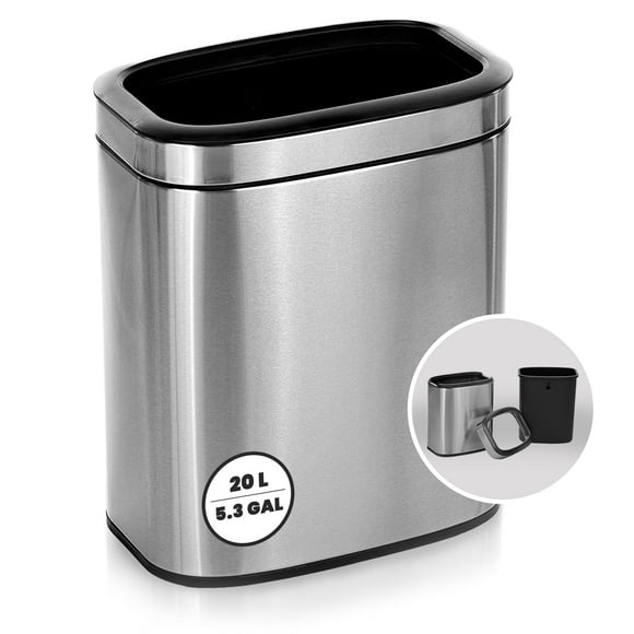 Alpine 20 Liter /5 Gallon Trash Can Open Top - SS Trash Can No Lid, Modern Silver Metal WasteBasket, Narrow Trash Can with Removable Trash Bin for Office Desk, Kitchen, Bathroom