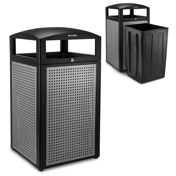 Alpine Indoor & Outdoor Commercial Trash Can with Lid - 40 Gallon Heavy Duty Metal Garbage Can with Removable Bin, Locking Lid, Perfect for Pool, Deck, Office, Mall Black, Grey