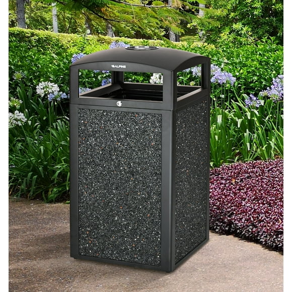 Alpine Outdoor Commercial Trash Can with Lid - 40 Gallon Heavy Duty Metal Garbage Can with Removable Bin, Locking Lid, Perfect for Patio, Pool, Deck, Mall Black, Grey Stone Panels (Tray)