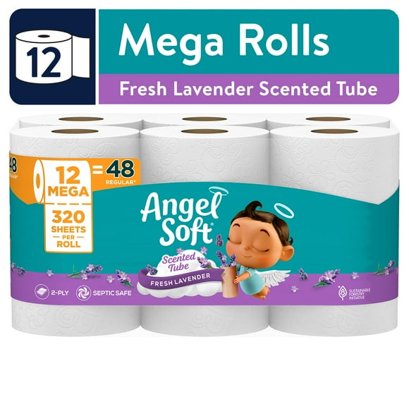 Angel Soft 2-Ply Toilet Paper, Fresh Lavender Scented Tube, 12 Mega Rolls, 320 Sheets per Roll