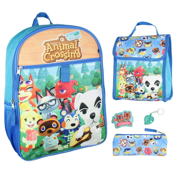 Animal Crossing Character Print Backpack 5 pc Set Lunch Tote Keychain 16"