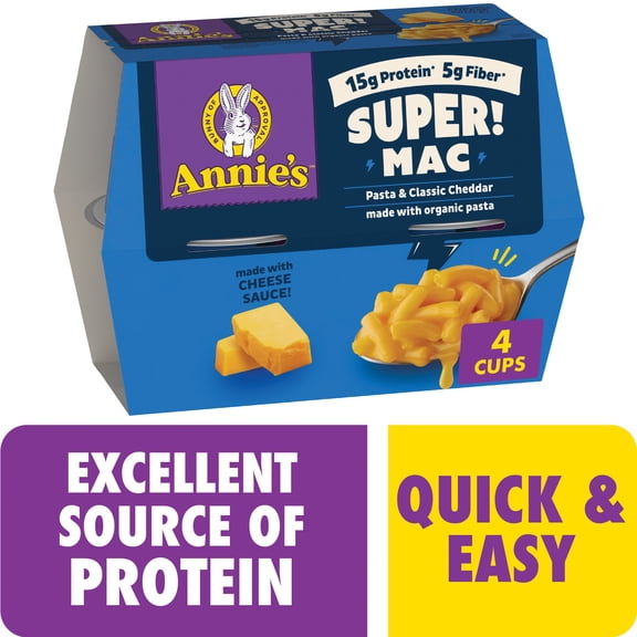 Annie's Super! Mac Microwave Protein Pasta and Classic Cheddar Cups, 4 Count, 11.44 oz