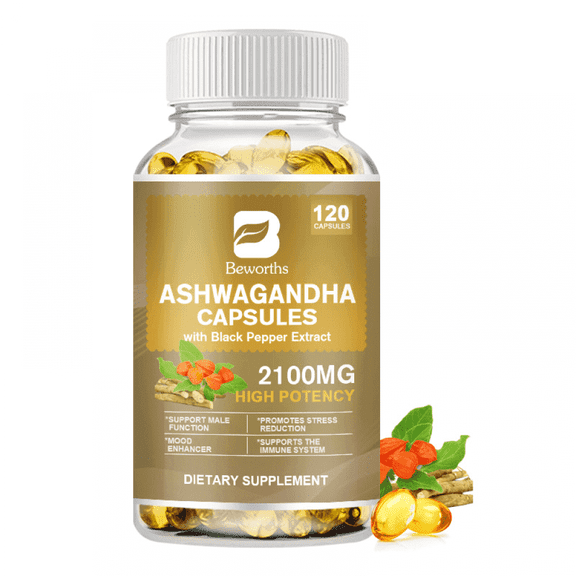 Ashwagandha Capsules 2100mg - Organic Ashwagandha Supplement - Stress Relief, Mood Enhancer & Natural Energy Support Supplement for Men and Women - 120 Softgels