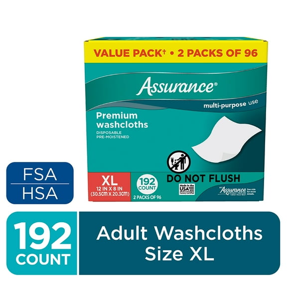 Assurance Disposable and Pre-Moistened Premium Extra Large Washcloths for Adults, 192 Count