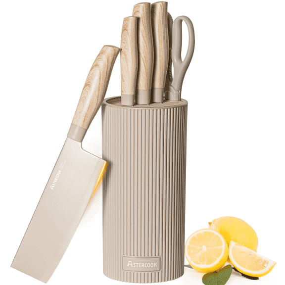 Astercook Knife Set, 6-Piece Kitchen Knives Set with Block & Non-Stick Healthy Coating, Stainless Steel Chef Knives with Anti-Slip Ergonomic Handle, Dishwasher Safe, Perfect Kitchen Home Gifts, Beige