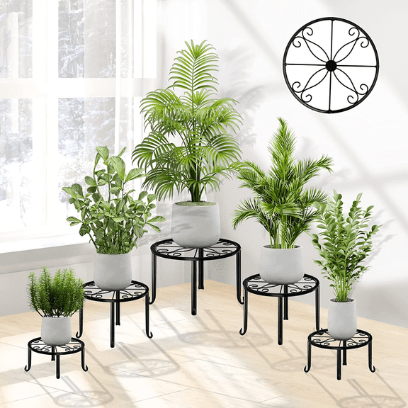 Bamworld 5-Pack Black Metal Plant Stand for Indoor Outdoor，Rustproof Flower Stand for Planter Outdoor Plant Rack for Patio & Garden Decor-Installation-free version