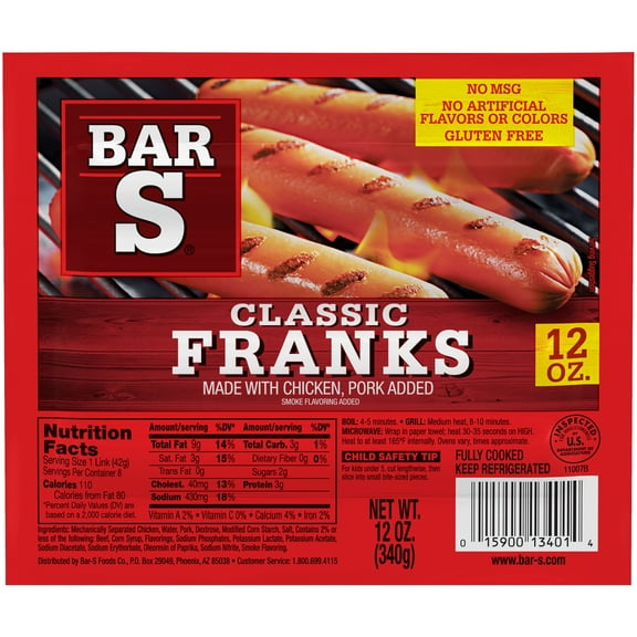 Bar S Classic Fully Cooked  Franks, 8 Count, 12oz (Refrigerated)