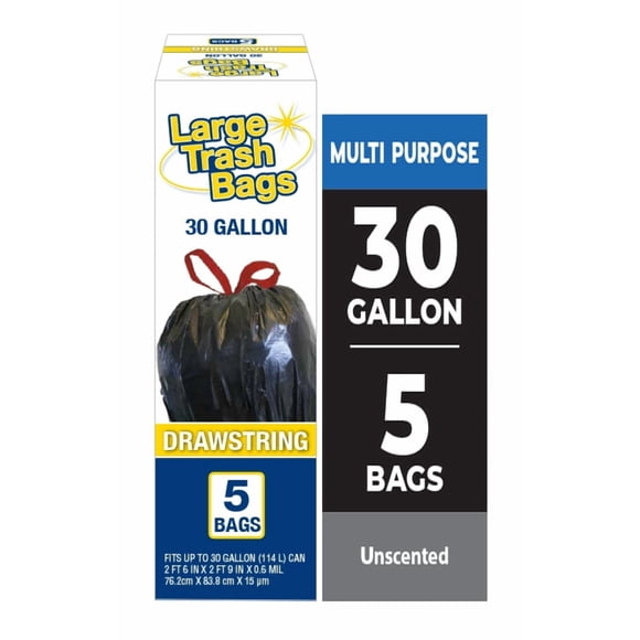 Basic Large Trash Bags, 30 Gallon, 5 Bags (Drawstring)