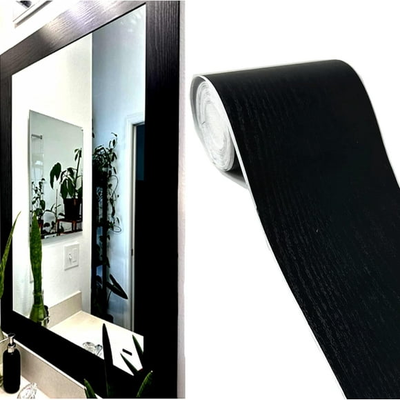 Bathroom Mirror Frame Border Sticker,Black Border Stick , Black Wood Grain Wallpaper Border Removable Waterproof Bathroom Mirror Frame Sticker(3.93'' x 196''ï¼