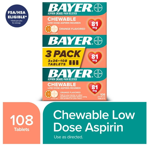 Bayer Chewable Aspirin Regimen Low Dose Pain Reliever Tablets, 81mg, Orange, 108 Count