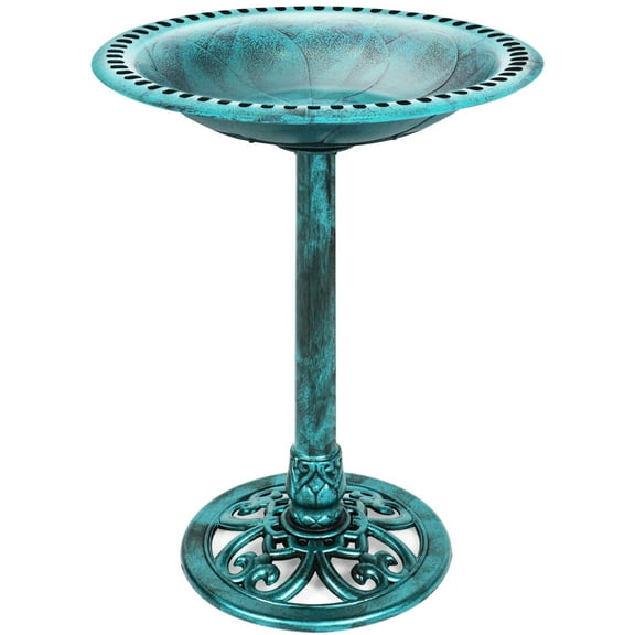 Best Choice Products Outdoor Rustic Pedestal Bird Bath Accent for Garden, Yard w/ Fleur-de-Lis Accents - Green