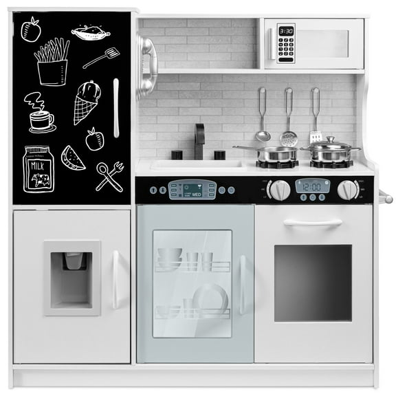 Best Choice Products Pretend Play Kitchen Wooden Toy Set for Kids w/ Telephone, Utensils, Oven, Microwave - White