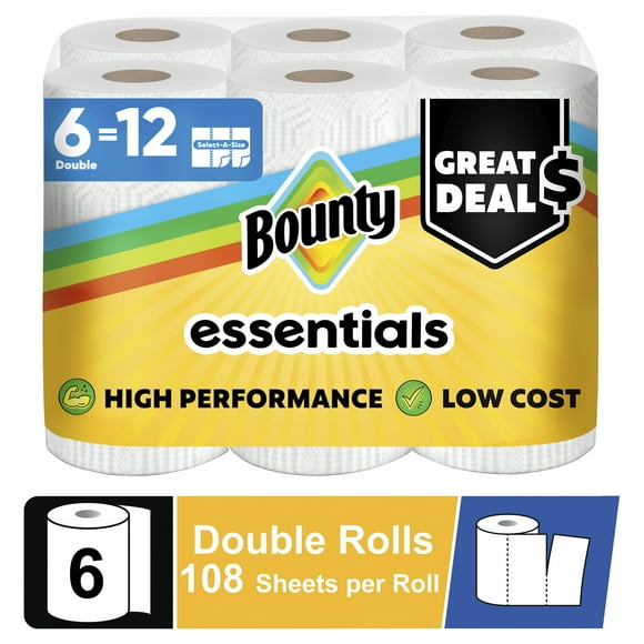 Bounty Essentials Paper Towels Select-A-Size 6 Double Rolls, White, 108 Sheets Per Roll
