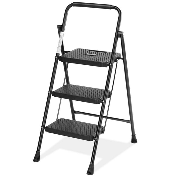 CONCETTA 3 Step Ladder, Folding Step Stool with Anti-Slip Pedal, Lightweight Portable Ladder for Home, Workplace, 800lbs Capacity，Black
