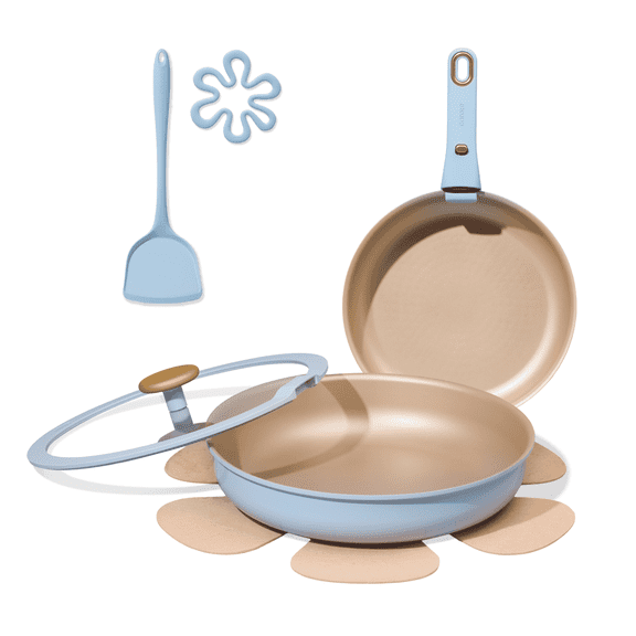 Carote 7 Pcs Nonstick Frying Pans Set with Lid, Skillets with Detachable Handle, Oven Safe, Induction Cookware, Stackable Kitchen Set, Blue