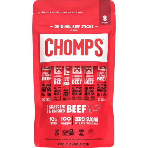 Chomps Grass-Fed and Finished Original Beef Jerky Meat Snack, 10g of Protein (8 Count)