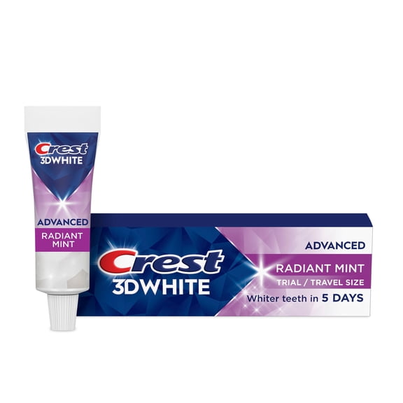 Crest Toothpaste, 3D White Advanced Teeth Whitening Toothpaste, Radiant Mint, .85 oz Travel Size