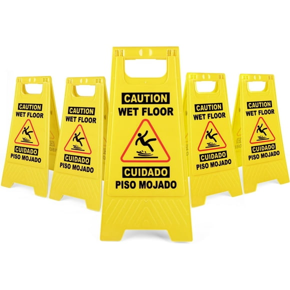 DIYMAG 5 Pack Caution Wet Floor Sign, Foldable Sturdy Bilingual Double-Sided Safety Warning Signs for Commercial Use, Pool, 24 Inches, Yellow